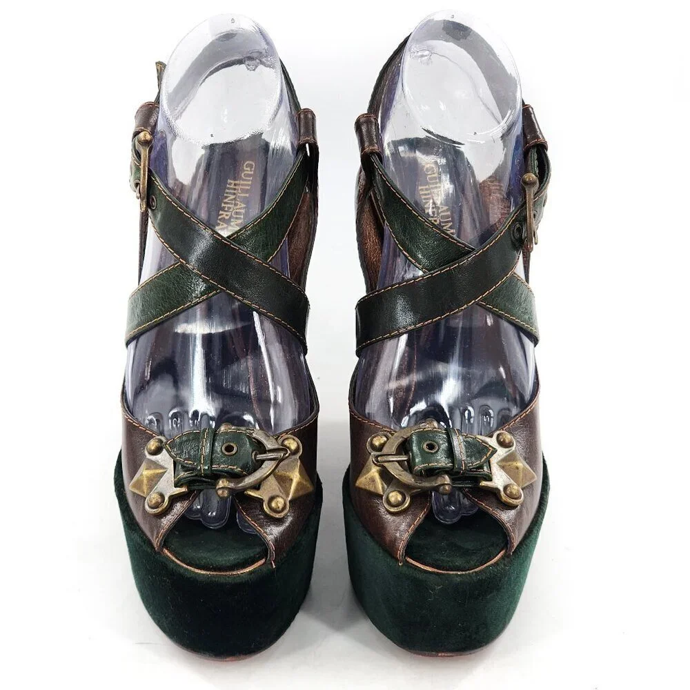 GUILLAUME HINFRAY Brown Green Leather Velvet Platform Wedge Sandals